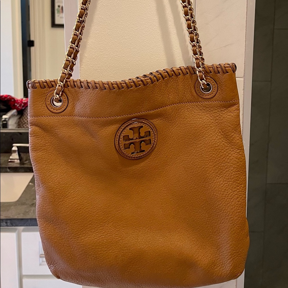 Tory Burch Tan Bridle Leather Tote with Gold Chain and Leather Straps